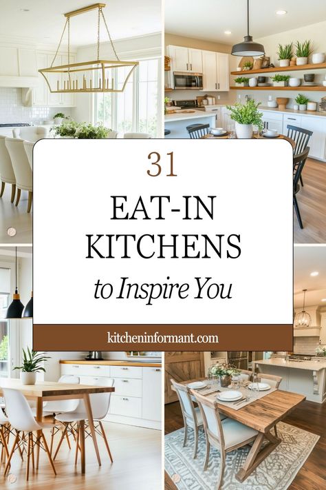 31 Eat in kitchens to inspire you graphic. Kitchen Ideas With Breakfast Nook, Kitchen With A Table In The Middle, Eat In Kitchen Lounge Area, Build In Table Kitchen, Kitchen With Dining Area Ideas, Dining Table In Kitchen Layout, Kitchen With Kitchen Table, Small Kitchen With Dining Table Layout, Eat In Farmhouse Kitchen Ideas