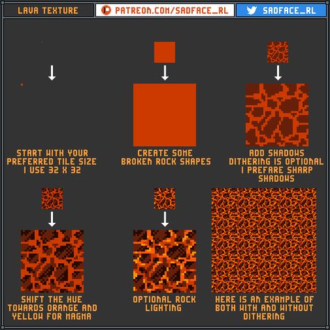 Luke is creating Pixel Art and Tutorials | Patreon Pixel Art Techniques, 32 Bit Pixel Art, 16x16 Pixel Art, Pixel Texture, Lava Texture, How To Pixel Art, Texture Tutorial, Pixel Art Landscape, Piskel Art