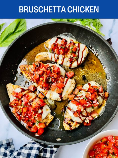 An ode to fresh Roma tomatoes, this Easy Bruschetta Chicken recipe is made with tender chicken breasts seasoned in garlic and spices, then pan-seared to perfection and topped with melted cheese and fresh tomato, garlic basil bruschetta topping. Low carb, gluten-free, healthy and delicious! Chicken And Roma Tomato Recipes, Roma Tomato Recipes, Chicken Bruschetta Recipe, Easy Bruschetta, Bruschetta Toppings, Bruschetta Chicken, Tender Chicken Breast, Chicken Breast Recipes Healthy, Chicken Breast Seasoning