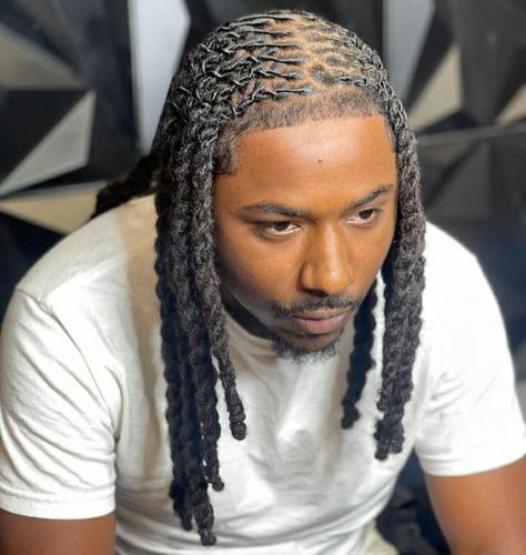 Long Dread Styles For Men, Creative Dreadlock Hairstyles, 6 Strand Twist Dreads, Locs Hairstyles For Men Dreadlocks, Dread Twist Hairstyles For Men, Prom Loc Styles For Men, Men’s Dreads Styles, Dreadlock Braid Styles Men, Medium Length Loc Styles Men