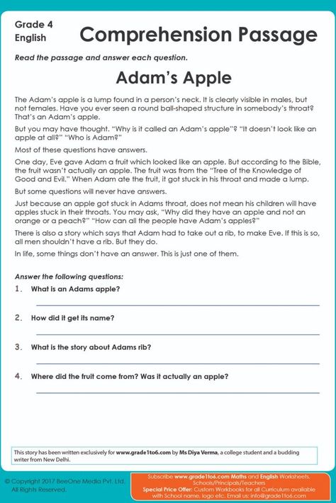 Unseen Passage In English Class 4, English Worksheets For Grade 1, Unseen Passage, English Comprehension, Esl Materials, 7th Grade Reading, Free English Worksheets, Creative Writing Worksheets, Worksheets For Grade 1