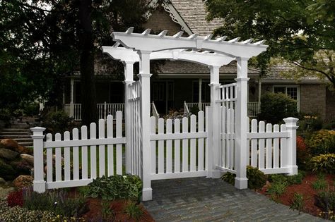 Garden Arbor With Gate, New England Arbors, White Pergola, Vinyl Pergola, Cheap Pergola, Pergola Swing, White Fence, Pergola Lighting, Modern Pergola