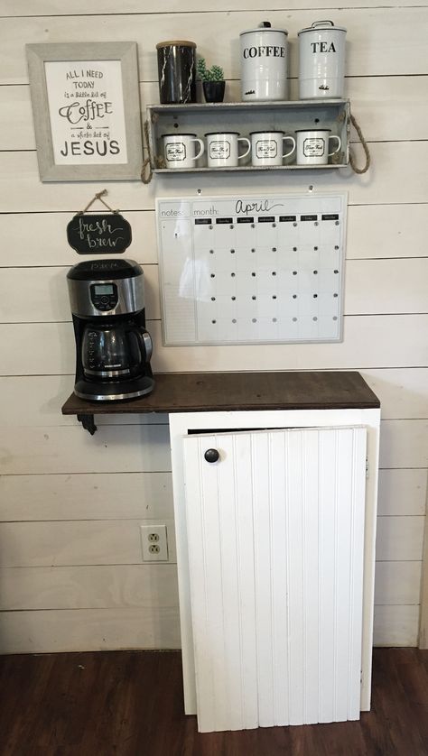 Trash Can Coffee Bar, Coffee Bar With Trash Can, Coffee Bar Trash Can, Armoire Coffee Bar Farmhouse, Dresser Into Coffee Bar Rustic, Farmhouse Coffe Station Small Hutch, Farmhouse Coffee Bar, Coffee Bar, Home Remodeling