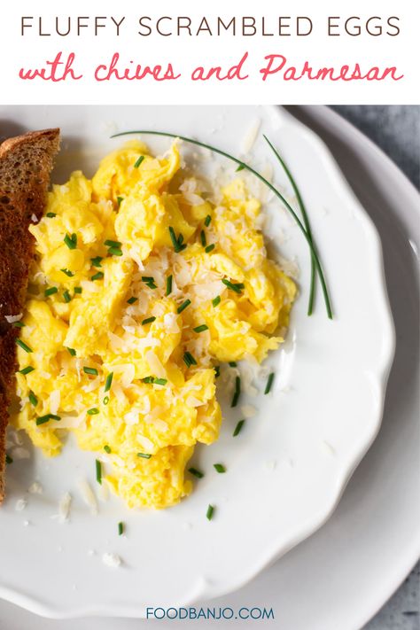 Chive Scrambled Eggs, Parmesan Scrambled Eggs, Scrambled Eggs With Parmesan Cheese, Parmesan Eggs Breakfast, Scrambled Eggs With Chives, Fancy Scrambled Eggs, Eggs With Parmesan Cheese, Scrambled Eggs Without Milk, Eggs With Chives