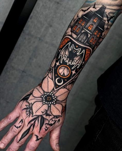 Eerie Tattoos, Halloween Flash Tattoo, Halloween Tattoos Sleeve, Gothic Tattoos, Halloween Flash, Pink Tattoo, Fairy Tattoo Designs, Full Arm Tattoos, Cool Chest Tattoos