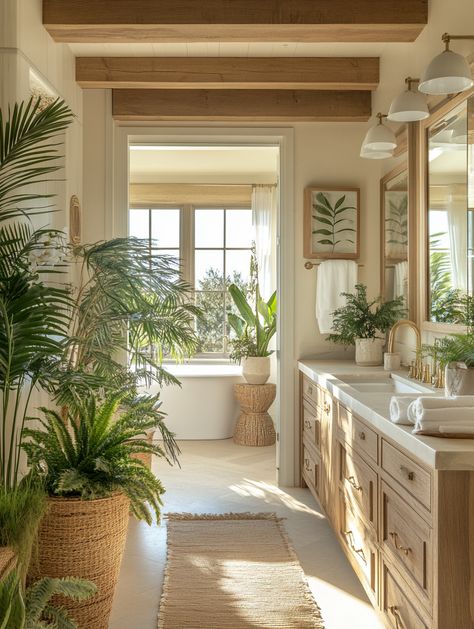 u1942658271_A_coastal_bathroom_with_indoor_plants_including_f_f669bf36-d3c1-449a-b28a-c2283cf6ce0b_3 Carribean Bathroom Ideas, Mediterranean Style Bathroom Ideas, Modern Coastal Bathroom Decor, Master Bathrooms 2024 Trends, Light And Airy Bathroom, Coastal Boho Bathroom, Beach Home Bathroom, Tropical Bathroom Design, California Bungalow Interior