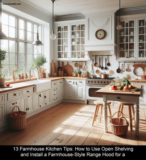 Are you looking to update your kitchen with a touch of rustic charm? Embrace the farmhouse aesthetic by incorporating open shelving and a fa... Cozy Kitchen White Cabinets, English Farmhouse Kitchen, European Farmhouse Kitchen, Shaker House, Interior Farmhouse, Dreamy Kitchens, Farmhouse Kitchen Inspiration, Dream Laundry Room, Japandi Living