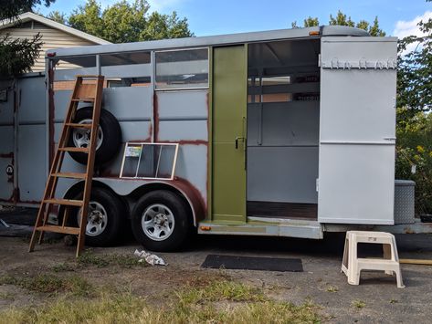 Horse Trailer Shop, Traveling Bookstore, Cattle Trailers, Vintage Trailer Remodel, Trailer Bar, Vintage Upcycle, Stock Trailer, Make A Mobile, Trailer Conversion