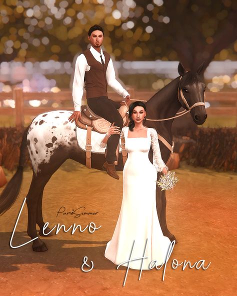 Farfalla's Finds ☁️ Couple Poses For Wedding, Country Couple Poses, Poses For Wedding, Sims4 Poses, Sims 4 Wedding Dress, Lily Of The Valley Bouquet, Black And White Wedding Theme, Sims 4 Family, Horse Wedding