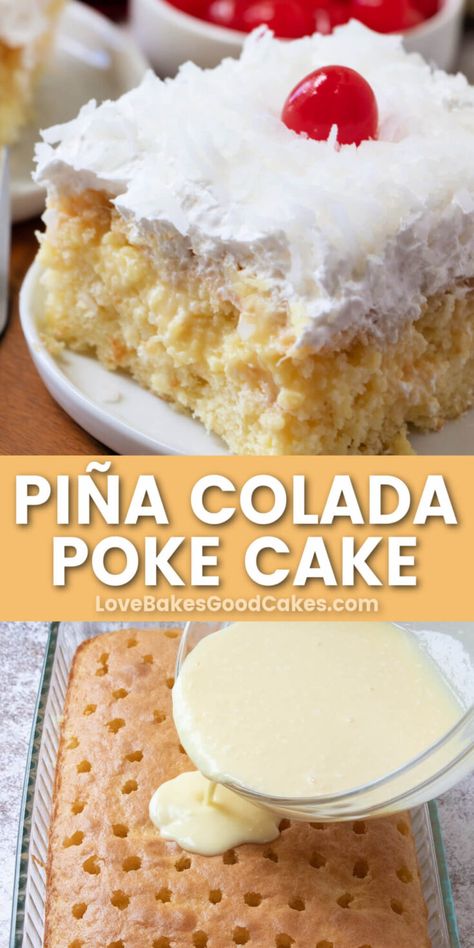 Pina Colada Poke Cake, Pina Colada Cake, Pineapple Dessert Recipes, Pineapple Desserts, Coconut Cake Recipe, Poke Cake Recipes, Poke Cakes, Pineapple Coconut, Poke Cake