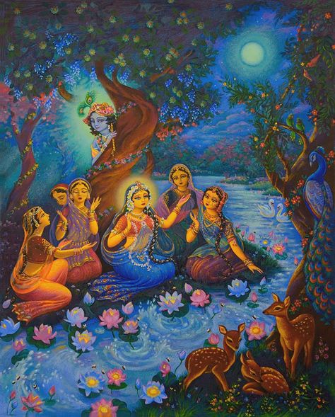 Krishna with Gopis in moonlight Krishna Avatar, Pichwai Paintings, Radha Krishna Wallpaper, Hinduism Art, Krishna Radha Painting, Radha Krishna Images, Radha Krishna Pictures, Radha Krishna Love, Radha Rani