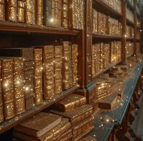 Magic Library Aesthetic, Golden Aesthetics, Abundance Images, Bookstagram Posts, Shot Book, Library Of Alexandria, Library Aesthetic, Gold Book, Whimsical Home