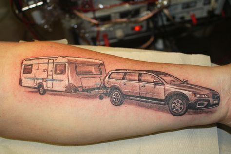 Volvo with caravan - by Torsk1 Volvo Tattoo, Caravan Tattoo, Truck Tattoo Ideas, Camping Tattoo, Truck Tattoo, Tattoos Pinterest, Piercing Tattoo, Vw Bus, 4k Hd