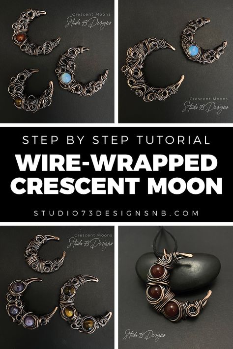 Wire Wrap Cauldron Tutorial, Wire Wrapped Jewelry Tutorials Free Moon, Wire Crescent Moon, How To Wire Wrap Crescent Moon Crystal, Witchy Wire Jewelry, Wire Wrapped Rocks Diy, Wire Wrapped Moon Tutorial, Wire Wrapped Crescent Moon, Wire Moon Pendant