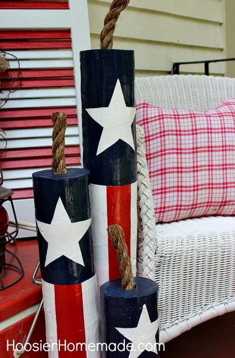 DIY Wooden Firecrackers and Our Summer Front Porch via @Hometalk Wooden Firecrackers, Fourth Of July Decorations, Summer Front Porches, Shabby Tree, Fourth Of July Decor, Patriotic Crafts, Front Porch Decorating, 4th Of July Decorations, Patriotic Holidays