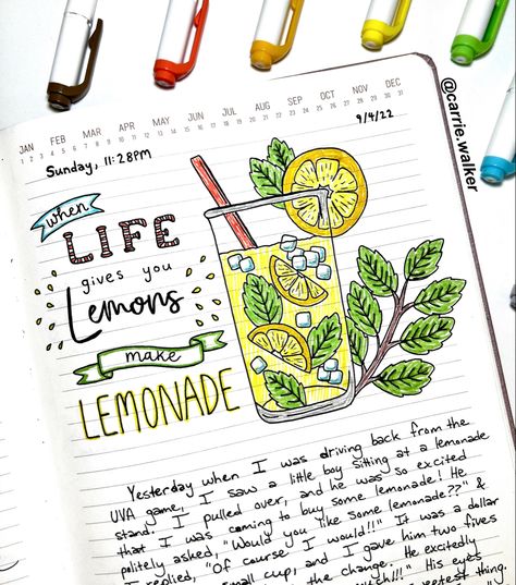 Lemon Bullet Journal, Carrie Walker, Lemon Journal, Bujo 2025, Doodle Journal, Bulletin Journal, Notes Project, Bullet Journel, Journal Inspiration Writing