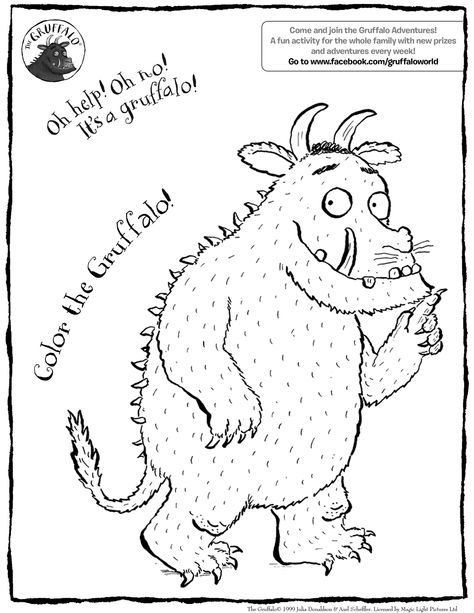 Adorable coloring sheet for The Gruffalo! Gruffalo Activities, Gruffalo Party, Gruffalo's Child, Julia Donaldson, Coloring Contest, The Gruffalo, Online Book, Book Week, Themed Crafts