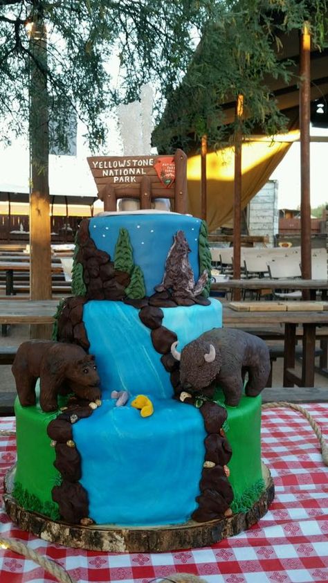 National Park Cake Ideas, National Park Birthday Cake, Yellowstone Birthday Cake, Yellowstone Cake, National Park Cake, National Park Birthday, Camping Theme Cakes, Watch Party Food, Luca Birthday