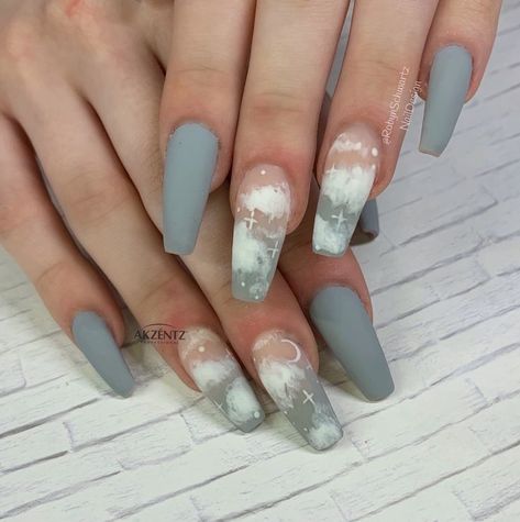 Gel Nail Designs Clouds, Nail Design Coffin Short, Cloud Inspo Nails, Short Coffin Ombre Nails Designs, Cloud Acrylic Nails Coffin, Clouds Aesthetic Nails, Nails Design Clouds, Acrylic Nail Designs Clouds, Pretty Nails Matte