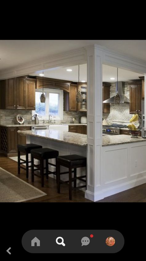 Kitchen Island Between Walls, Wall Separating Kitchen And Living Room, Kitchen With Post In Island, Peninsula Kitchen Ideas Open Concept, Kitchen Island With Beam, Opening Up A Kitchen To Living Room, Kitchen Island With Support Post, Kitchen Island Column, Kitchen And Dining Room Ideas Layout