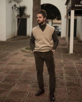 Turtleneck With Sweater Vest, Turtleneck With Sweater, Vest Outfits For Men, Dark Brown Turtleneck, Sweater Vest Outfits, Brown Leather Chelsea Boots, Brown Turtleneck Sweater, Brown Turtleneck, Sweater Vest Outfit