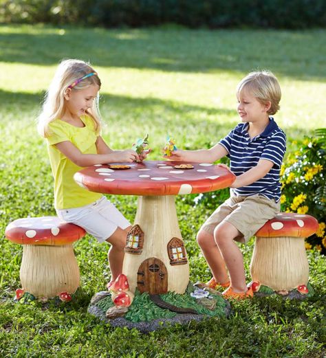 <p>Pull up a mushroom–and sit down to a colorful woodland adventure. Our fun furniture makes a magical place for kids to craft, snack, and host tea parties (indoors or out). Though the set appears to be enchantingly crafted by fairies, it's actually made of durable carbonate resin that's perfect for both playroom and garden use–and for adorable woodland detailing on delightfully decorative bases (alas, the wee door opens only for fairies). Sorry, gift wrap not available.</p> Mushroom Furniture, Kids Table Chair Set, Fairy Bedroom, Fairy Room, Mushroom Table, Kids Table And Chairs, Kid Table, Table And Chair Sets