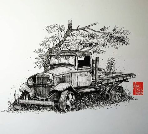 fineliner imaginative drawing Overgrown Illustration, Jeep Drawing, Bush Drawing, Landscape Pencil Drawings, Airplane Drawing, Pen Art Work, Abstract Art Images, Perspective Drawing Architecture, Acrylic Art Projects