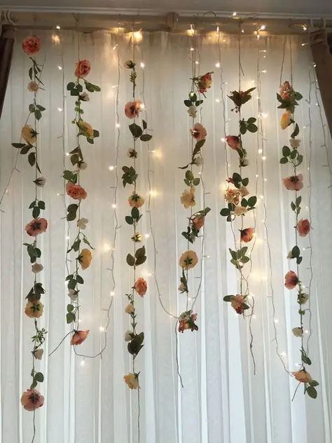 50+ Best DIY Baby Shower Backdrop Ideas - Holidappy Curtain Flower Backdrop, Balcony Birthday Decoration Ideas, Easy Bridal Shower Decorations, Diy Baby Shower Backdrop, Flower Photo Wall, Shower Backdrop Ideas, Baby Shower Backdrop Ideas, Lights Backdrop, Fairy Light Backdrops