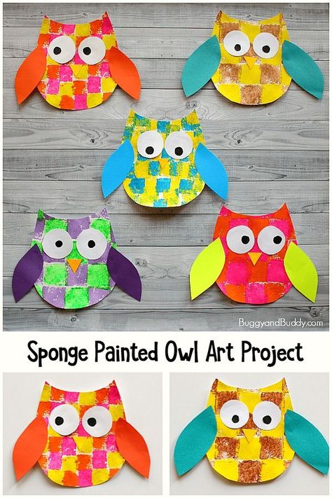 Sponge Painted Owl Art Project for Kids with Free Owl Template- An easy sponge stamping craft for preschool, kindergarten and first grade. #buggyandbuddy #owlcraft #fallcraft #craftsforkids #kidscrafts #ece #preschool #kindergarten #firstgrade Painted Owls, Owl Templates, Owl Craft, Adorable Owls, Painted Owl, Fall Art Projects, Sponge Painting, Owl Crafts, Fall Crafts For Kids