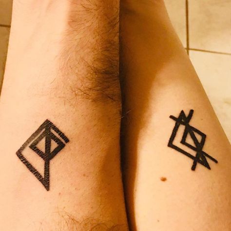 Nordic Sisterhood on Instagram: “Sister Abby and her husband got bindrune tattoos together. Hers is love from woman to man. His is love from man to woman. #bindrunes…” Sister Symbol, Nordic Sisterhood, Tattoos Together, Sister Symbols, Rune Tattoo, Joker Wallpapers, Symbolic Tattoos, Couple Tattoos, Deathly Hallows Tattoo