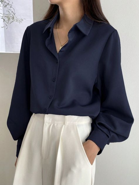 Navy Blue Casual Collar Long Sleeve Fabric Plain Shirt Embellished Non-Stretch Spring/Fall Women Clothing Elegante Casual, Classy Work Outfits, Bishop Sleeve, Plain Shirts, 여자 패션, Casual Style Outfits, Fesyen Wanita, White Pants, Lantern Sleeves