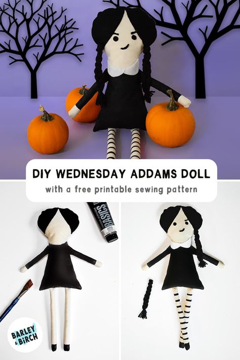 Unearth the spirit of Halloween with a DIY Wednesday Addams doll! Using scrap fabric, felt, and a touch of paint, craft a spooky companion for the season. Designed for parents to initiate with opportunities for kids to join in and add creative touches, this is a great fall sewing project for beginners or seasoned pro. With an optional printable Wednesday Addams doll sewing pattern to bring this iconic Addams to life! | from barley & birch Diy Wednesday Addams, Wednesday Addams Doll, Halloween Felt Crafts, Halloween Fabric Crafts, Black Fabric Paint, Doll Softie, Fall Sewing Projects, Free Printable Sewing Patterns, Halloween Sewing