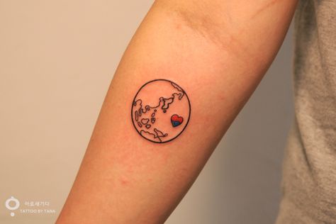 she is my people, A world map tattoo with Korea and symbol of Korea Made In Korea Tattoo, Korea Inspired Tattoo, Korea Tattoo Korean Traditional, World Map Tattoo, Small Dope Tattoos, Korea Tattoo, World Map Tattoos, Husband Tattoo, Korea Map