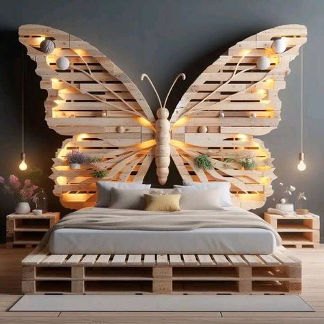 Butterfly Headboard, Butterfly Bed, Wooden Pallet Ideas, Wood Pallet Ideas, Diy Wood Pallet, Pallet Furniture Plans, Butterfly Bedding, Farmhouse Trends, Fantasy Homes