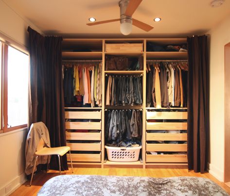 Ikea storage...thinking doing away with closet doors. Do I dare? Ikea Closet Design, Bed Closet, Bedroom Closet Doors, Organized Closet, Closet Curtains, Ikea Closet, Ikea Pax Wardrobe, No Closet Solutions, Pax Wardrobe