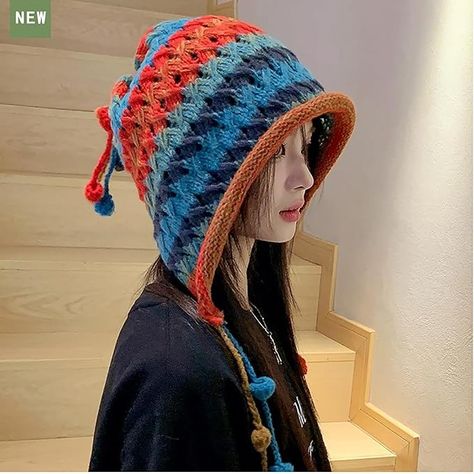 Amazon.com: CORIRESHA Women's Colorful Handmade Crochet Beanie Tassel Ear Flaps Knit Hat with Pom Pom Hat With Pom Pom, Tassel Earing, Ear Protection, Style Winter, Pom Pom Hat, Crochet Beanie, Knitted Hat, Knit Hat, Skull Cap