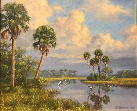 Florida Oil Painting, Florida Landscape, Western Artwork, Tropical Painting, Palm Trees Painting, Dorm Art, Florida Art, Caribbean Art, Landscape Paintings Acrylic