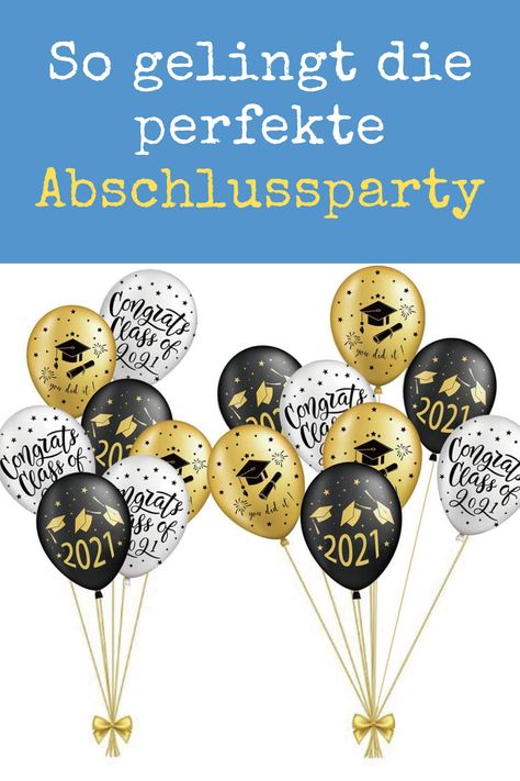 Luftballons mit Doktorhut-Motiven. Dazu der Text "So gelingt die perfekte Abschlussparty. 2024 Graduation, Promotion, Quick Saves