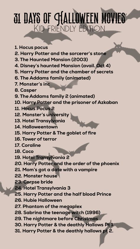 Halloween Movies To Watch In October, Abc Family Halloween Movies, Halloween 31 Day Movie Challenge, Scary Movies To Watch On Halloween, October Movie Challenge, Halloween Movies Checklist, 31 Days Of Halloween Movies Family, Halloween Movies On Disney+, Halloween Movies List For Kids