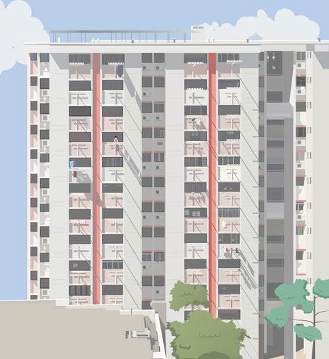 Afternoon HDB flat on Behance Architecture Illustrations, Soldier Drawing, Cartoon Building, Webtoon Art, Flat Drawings, Paintings Ideas, Apartment Buildings, Building Drawing, Cafe Logo