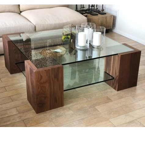 Solid Walnut and Glass Coffee Table by Angel City Woodshop seen at Private Residence, Hermosa Beach | Wescover Glass Coffee Table Decor, Glass Wood Table, Glass Table Living Room, Coffee Table Designs, Centre Table Living Room, Coffee Table Arrangements, تصميم الطاولة, Coffee Table Design Modern, Dining Table Design Modern