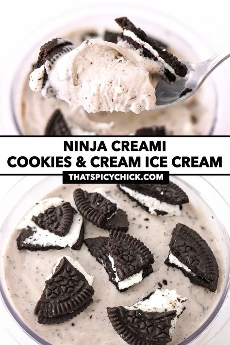 This Ninja Creami Cookies and Cream Protein Ice Cream is easy to make and the prefect treat for a hot summer day or when an ice cream craving hits! It’s low in calories, has 30 grams of protein for the entire pint and tastes just like real ice cream! #icecream #ninjacreami #ninjaicecream #creami #summer #desserts #highprotein #highproteintreats #proteinicecream #cokiesandcream #oreoicecream #copycatoreomcflurry | That Spicy Chick Cookies And Cream Protein, Low Calorie Ice Cream, Ninja Ice Cream Recipe, Protein Ice Cream Recipe, Protein Ice Cream Recipes, High Protein Cookies, 30 Grams Of Protein, Oreo Ice Cream, Ice Cream Maker Recipes