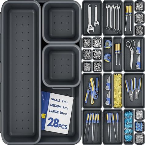 Unparalleled Organization And Storage: Say goodbye to the chaos! With 28pcs 3 sizes tool box storage bins, you'll have ample space to neatly store and categorize your tools. No more wasting time searching through messy piles or digging through cluttered boxes. You will get 10pcs 9"L x 6"W x 2"H large size boxes, 9pcs 9"L x 3"W x 2"H medium size boxes, 9pcs 3"L x 3"W x 2"H small size boxes. Making your work more efficient and enjoyable! Toolbox Organizer, Tool Box Organizer, Junk Drawers, Tool Drawers, Ikea Alex, Tool Box Organization, Tool Box Storage, Drawer Space, Organize Drawers