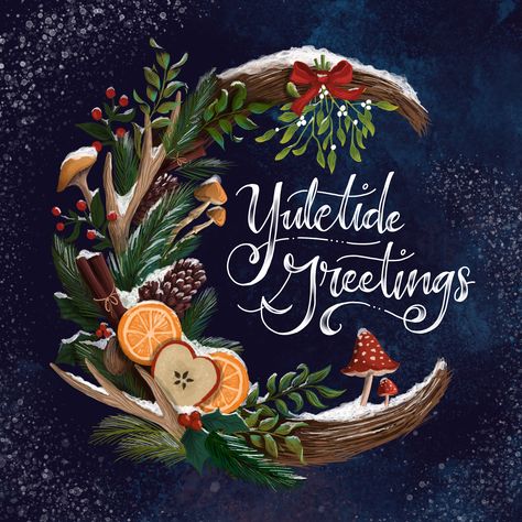 Kenzie Raposo creates custom illustrations, hand-lettered compositions, and product designs for the greeting card, home decor, and publishing industries. #yuletide #yule #wintersolstice #yuleillustration #winterillustration #christmasillustration Yuletide Decorations, Solstice Art, Yule Crafts, Pagan Christmas, Pagan Yule, Wiccan Sabbats, Happy Winter Solstice, Pagan Art, Autumn Magic