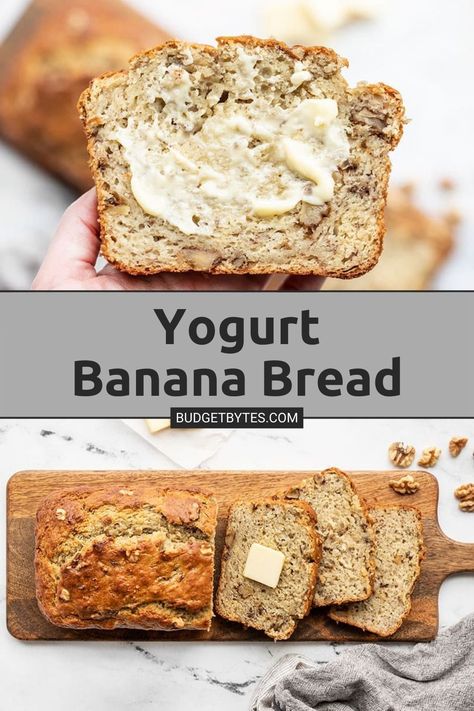 This super moist banana bread recipe uses plain yogurt to keep the bread soft and tender with less butter or oil. Add walnuts or even chocolate! Pop over to our site for the recipe! | bread recipes | breakfast and brunch | easy snacks | Vanilla Greek Yogurt Banana Bread, Banana Bread Recipe With Yogurt Healthy, Banana Bread Olive Oil, Cooking Light Banana Bread Recipe, Healthy Banana Bread Greek Yogurt Almond Flour, Banana Bread Yogurt Recipe, Banana Bread Recipe Moist Healthy, Yogurt Banana Bread Recipe, Banana Bread Made With Yogurt