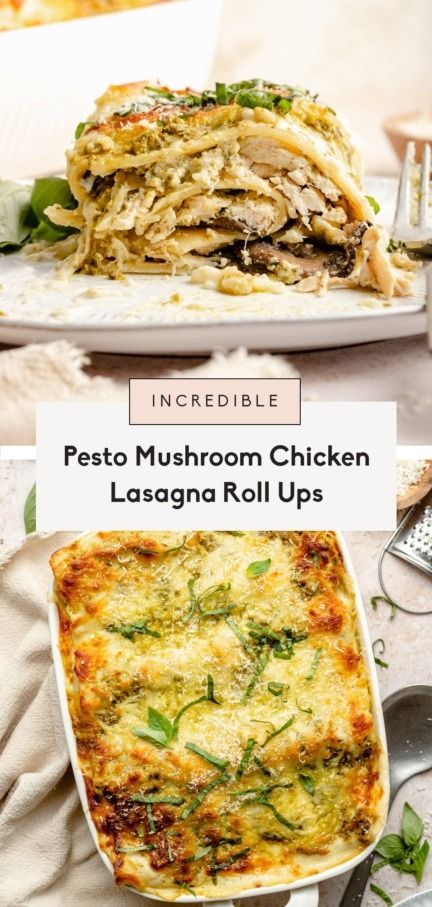 Delicious mushroom chicken lasagna roll ups with flavorful pesto ricotta and luxurious garlic parmesan cheese sauce. These easy lasagna roll ups are the perfect cozy comfort food and a great way to use up leftover chicken! Freezer-friendly and kiddo-approved. #lasagna #chicken #dinner #healthydinner #pasta #lasagnarecipe #mealprep Shredded Chicken Lasagna Roll Ups, Chicken Parmesan Lasagna Roll Ups, Garlic Parmesan Chicken Lasagna Roll Ups, Garlic Chicken Lasagna Roll Ups, Chicken Pesto Lasagna, Creamy Pesto Chicken Lasagna Roll Ups, Easy Lasagna Roll Ups, Chicken Lasagna Roll Ups, Lasagna Chicken