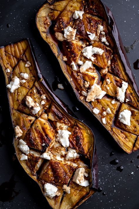 Whole Roasted Eggplant Oven, Mediterranean Roasted Eggplant, Eggplant With Feta Cheese, Eggplant Recipes Roasted, Eggplant Feta Recipes, Whole Roasted Eggplant, Balsamic Eggplant, Yacht Food, Eggplant Feta