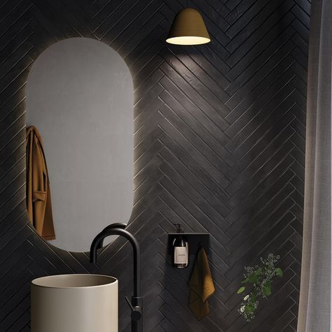 Merola Tile Phoenix Charcoal 1-7/8" x 17-3/4" Porcelain Floor and Wall Tile - Bed Bath & Beyond - 40267885 Black Wall Tiles, Black Tile Bathrooms, Black Backsplash, Dark Tile, Fireplace Facade, Rectangle Tiles, Merola Tile, Black Tiles, Flooring Store