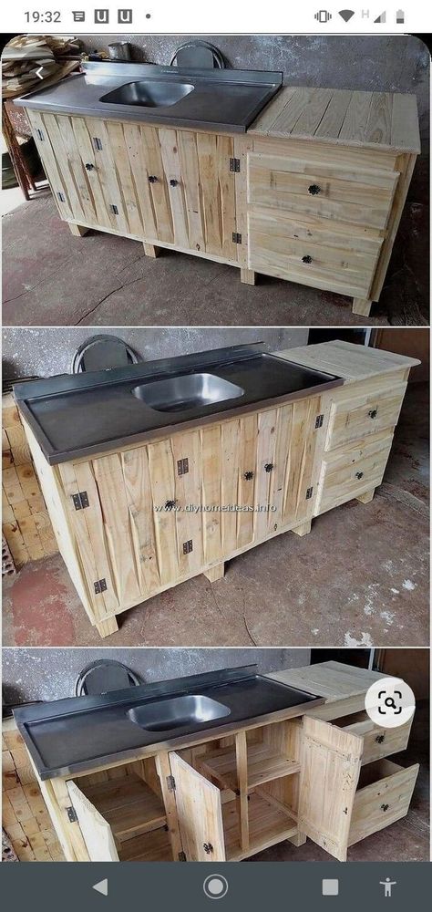 There are over 16,000 (!) woodworking plans which you can download instantly! #woodworkingprojects #diywood #woodworkingplans #woodworkingideas #woodworkingfurniture #woodworkingideas #beginnerwoodworking #woodworking #woodworkingproducts #woodworkingtips #woodworkingtools #customwoodworking #furniturewoodworking #diywoodprojects Sink With Cabinet, Pallet Kitchen Cabinets, Furniture Sets Design, Pallet Cabinet, Pallet Furniture Designs, Pallet Kitchen, Kabinet Dapur, Shipping Pallets, Wooden Pallet Furniture