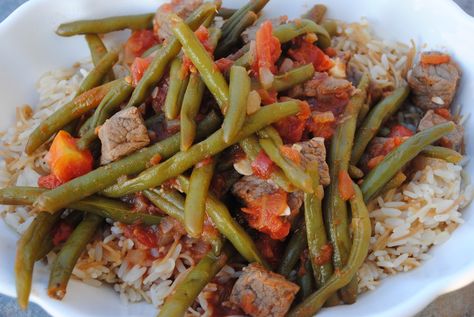 Loubieh Bil Lahme - Green Bean & Lamb Stew from Lebanon Loubieh Recipe, Fasoulia Recipe, Lebanese Green Beans And Beef, Fasoulia Lebanese, Lebanese Lamb Rice, Fasoulia Arabic Food, Lebanese Loubieh, Kibeh Lebanese, Rice And Green Beans